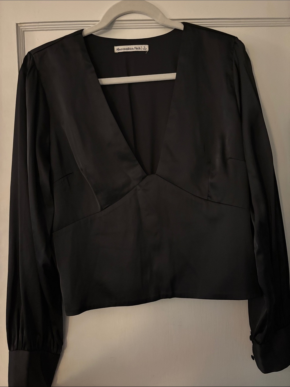 Abercrombie & Fitch Black Satin Deep V Long-Sleeve Blouse - Picture 2 of 4
